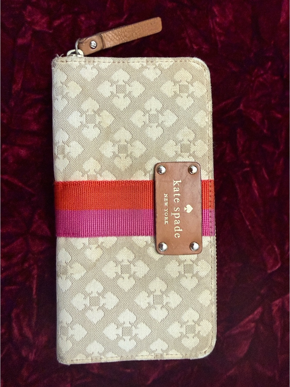 kate spade Beige Canvas Zip Wallet with Pink & Orange Stripe Accents